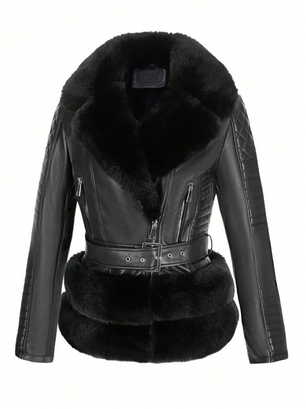 Women's Faux Leather Jacket With Elegant Fur Collar